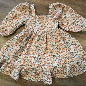 Cheeky Plum Floral Kids 3/4 puff sleeve dress- Floral with wooden buttons